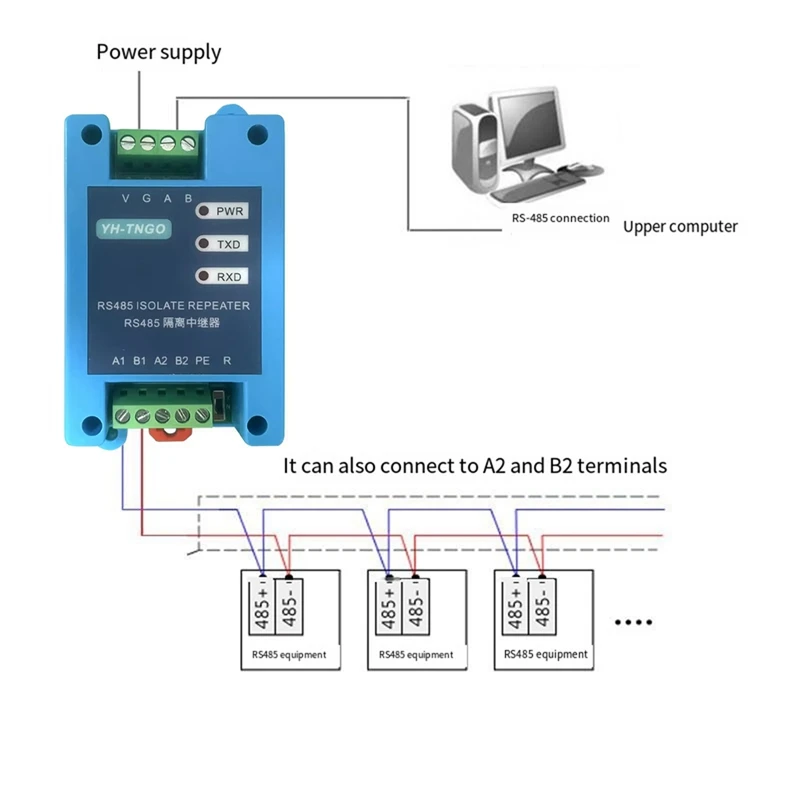 YH-TNGO 485 Hub repeater 2-portowy RS485 Moduł izolacji komunikacyjnej Wzmacniacz sygnału