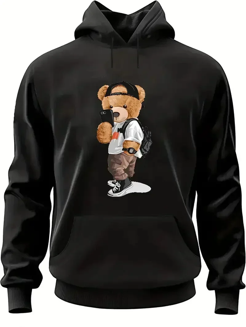 Men's Teddy Bear Funny Print Hooded Sweatshirt Casual Loose Graphic Hoodies for Male with Kangaroo Pocket Pullover Comfy Cloth