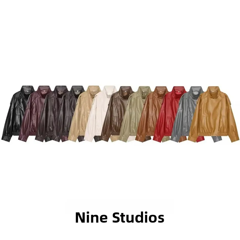 Pure Color High Collar Button Decorated Pocket PU Pilot Faux Leather Jacket Outerwear Long Sleeve Regular Length Women's Coat
