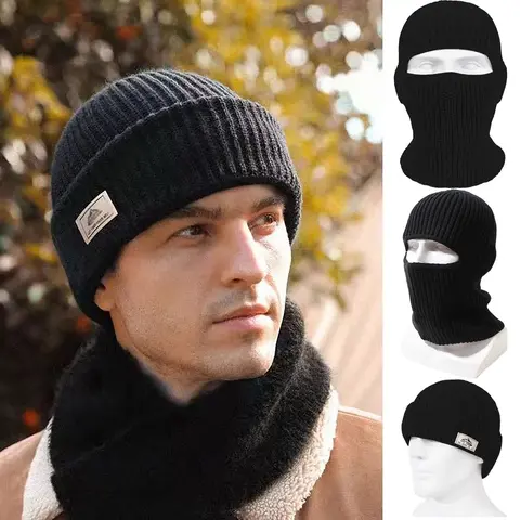 2In1 Winter Beanies Hats for Men Women Warm Knitted Balaclava Cap Windproof Solid Full Face Ski Mask Bonnet Cycling Earmuffs Hat