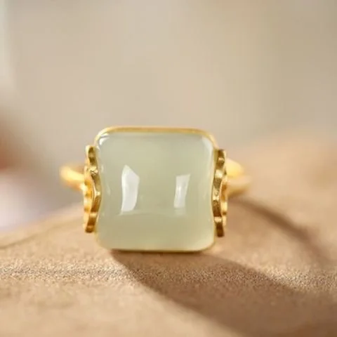 Retro Auspicious Cloud Pattern Imitation Hetian Jade Ring Adjustable Elegant Temperament