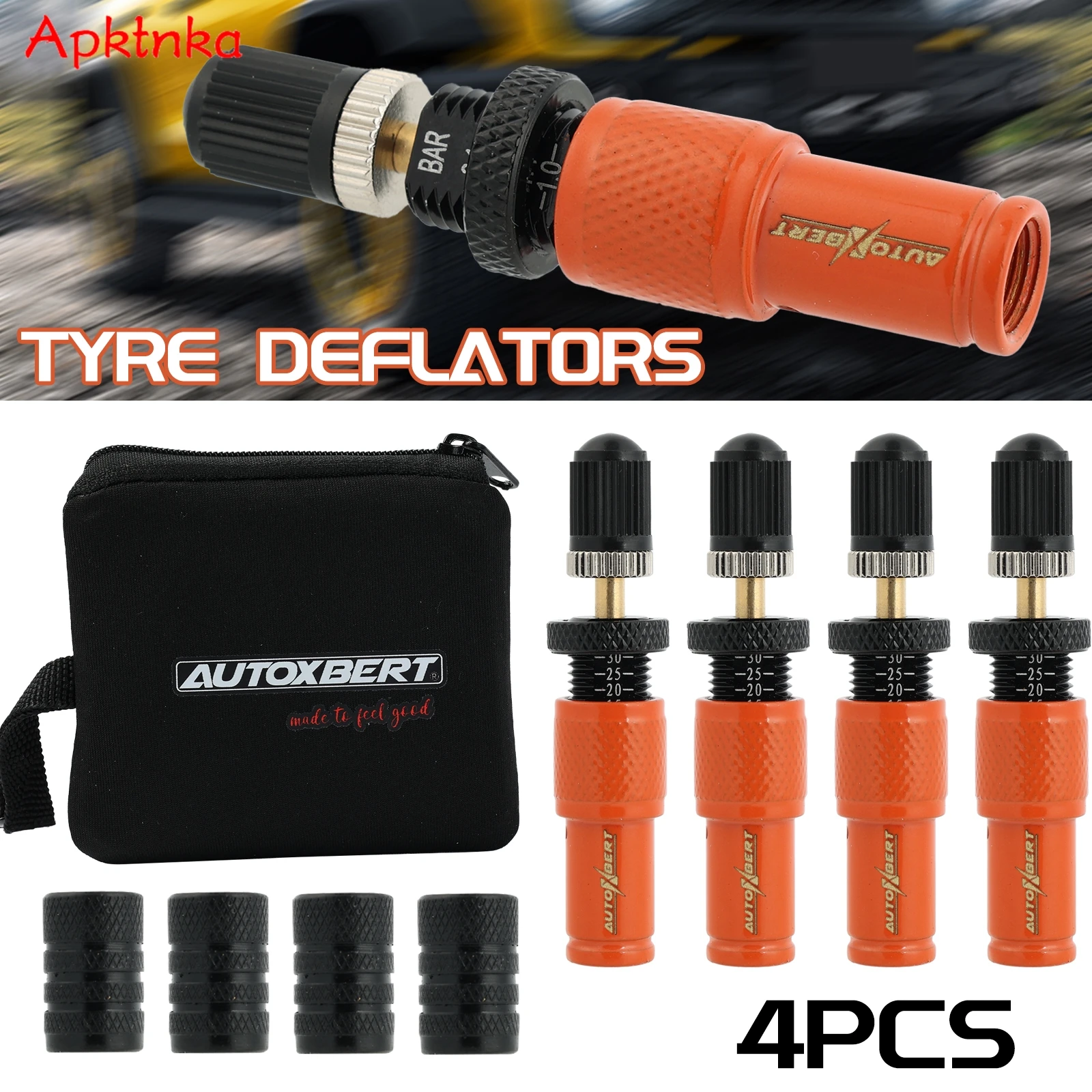 4 x 10–30 PSI Orange verstellbares Auto-Stop-Reifen-Deflator-Ventil-Set zum Anschrauben von Reifen-Deflator-Werkzeugen für Offroad 4 x 4 Fahrzeugzubehör