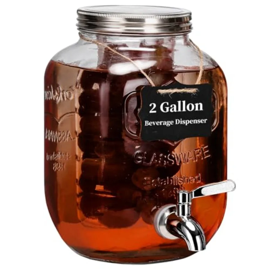 

2 Gallon Drink Dispenser with 18/8 Stainless Steel Spigot, Sun Tea Glass Mason Jar for Outside, Iced Lemonade Beverage Dispense