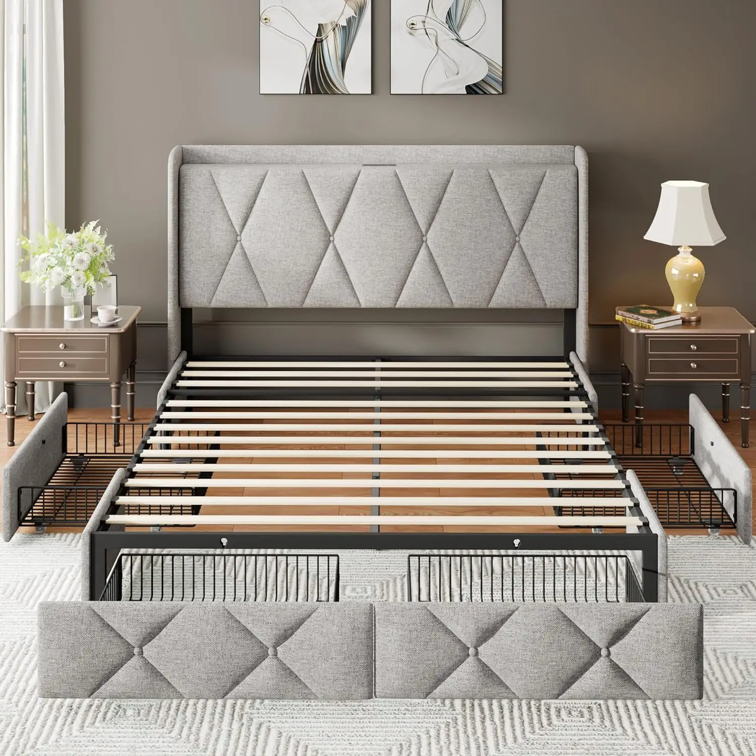 Bed Frame with Storage Drawers,Upholstered Button Tufted Headboard,Heavy Duty Slats Support, No Box Spring Needed, Noise-Free