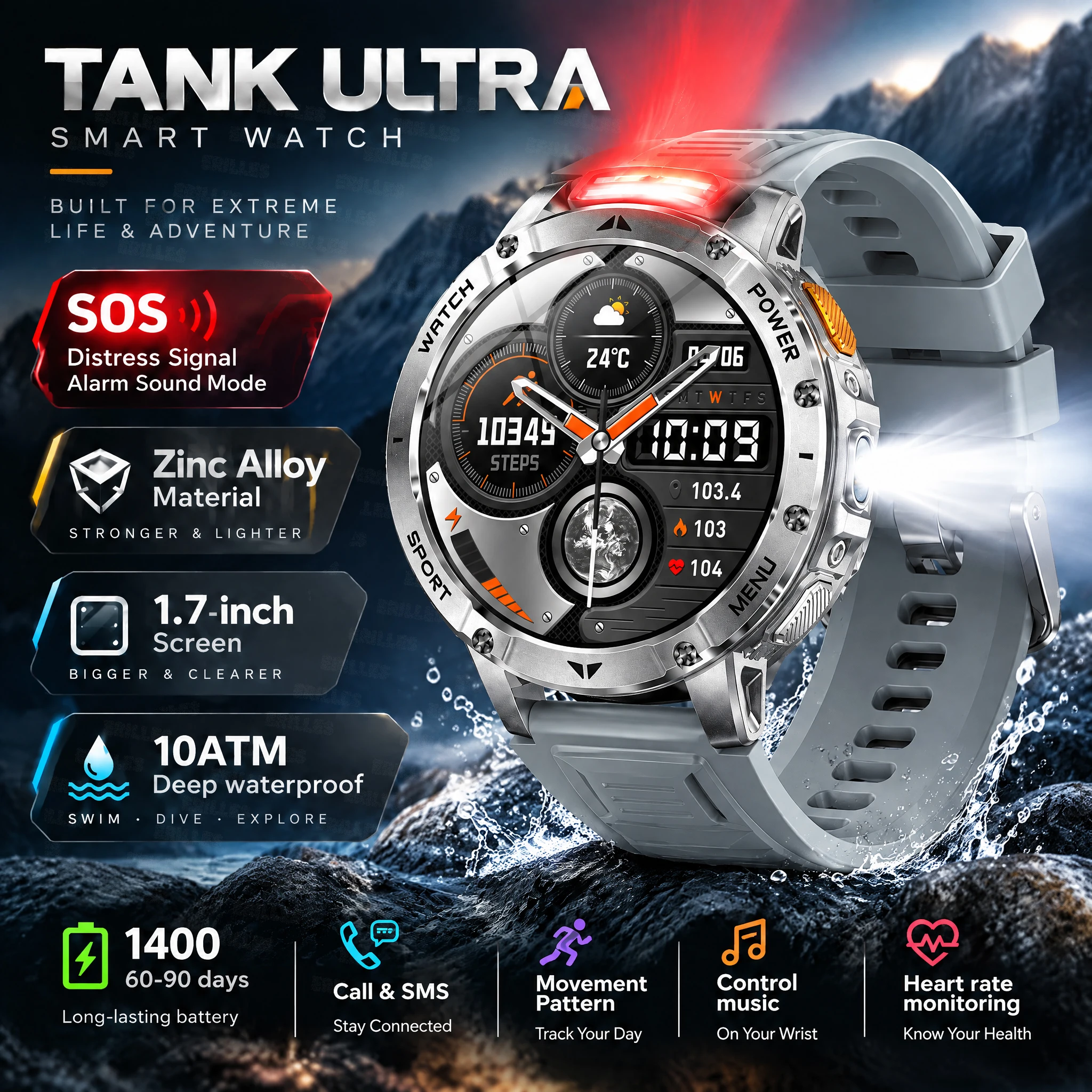 Outdoor Smartwatch Men 1400mAh 1.7