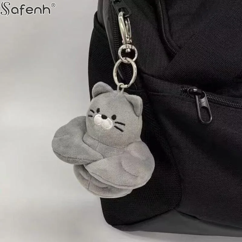 Soft Fluffy Gray Muscle Cat Plush Keychain Cartoon Plush Keyring Bag Pendant Backpack Ornament Gift For Cat Lovers