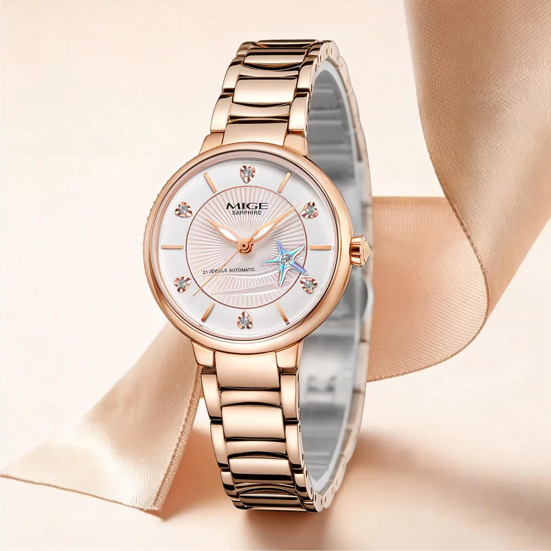 Elegant Ladies Automatic Watch MIGE, Steel Bracelet, Sapphire Crystal, Shell Dial Starfish Diamond Decor Women Mechanical Wrist