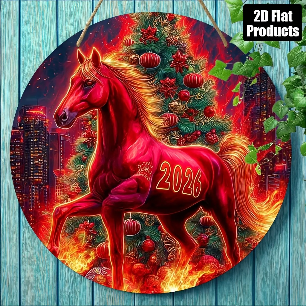 1 Stück 2026 Kreisförmiges 2D-Holzschild mit rotem Pferd zum Aufhängen an der Wand für Neujahrsparty-Dekoration, perfektes Geschenk für Familie und Freunde