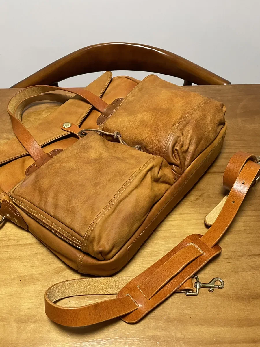 Handmade men's 15 inch head layer vegetable tanned cowhide portable leather briefcase computer bag
