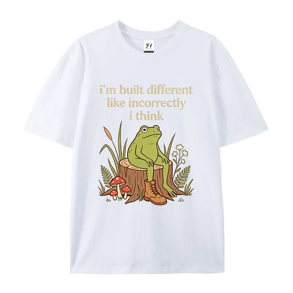 Funny Cottagecore Frog Mushroom Graphic T-shirt I'm Built Different Quote Unisex Oversized Short Sleeve Casual Tee Meme Top