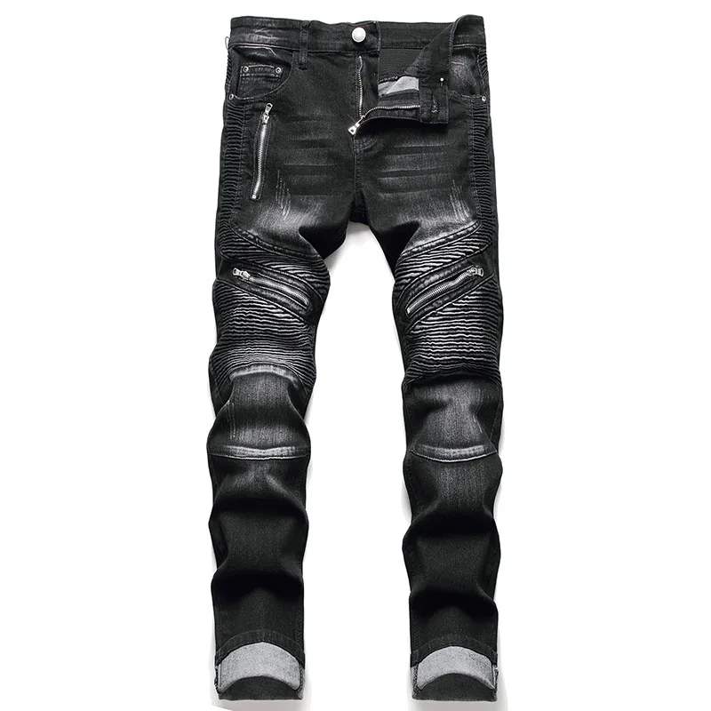 Pantalones Vaqueros informales de alta calidad para Hombre, Vaqueros rectos plisados para motociclista, pantalones Vaqueros para Hombre, 2024