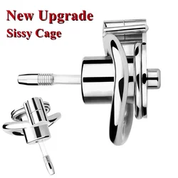 Inverted Plugged Cylinder Chastity Cage with Silicone Urinary Catheter for Man Stainless Steel Cock Penis Rings Adult Toys Shop