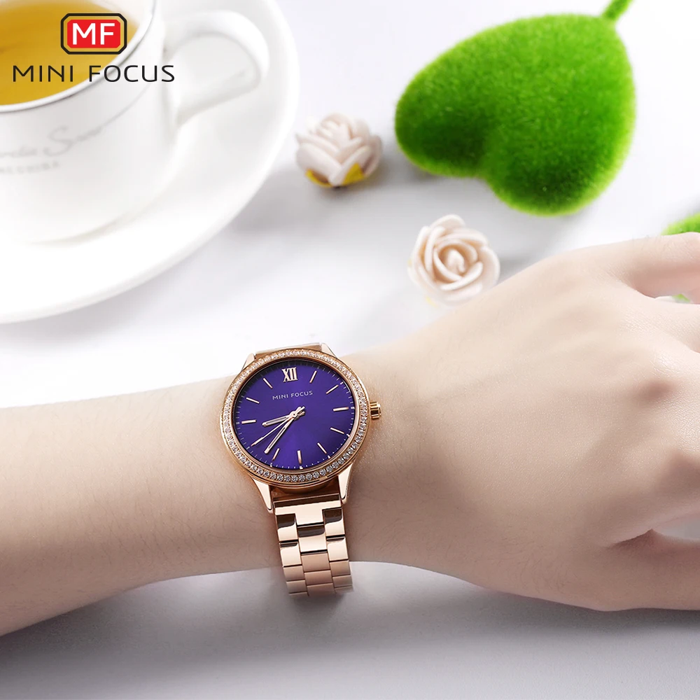 MINI FOCUS Rose Gold Iced Out Watch for Women Fashion Purple Dial Luxury Elegant Ladies Watches Stainless Steel Strap Clock 0043