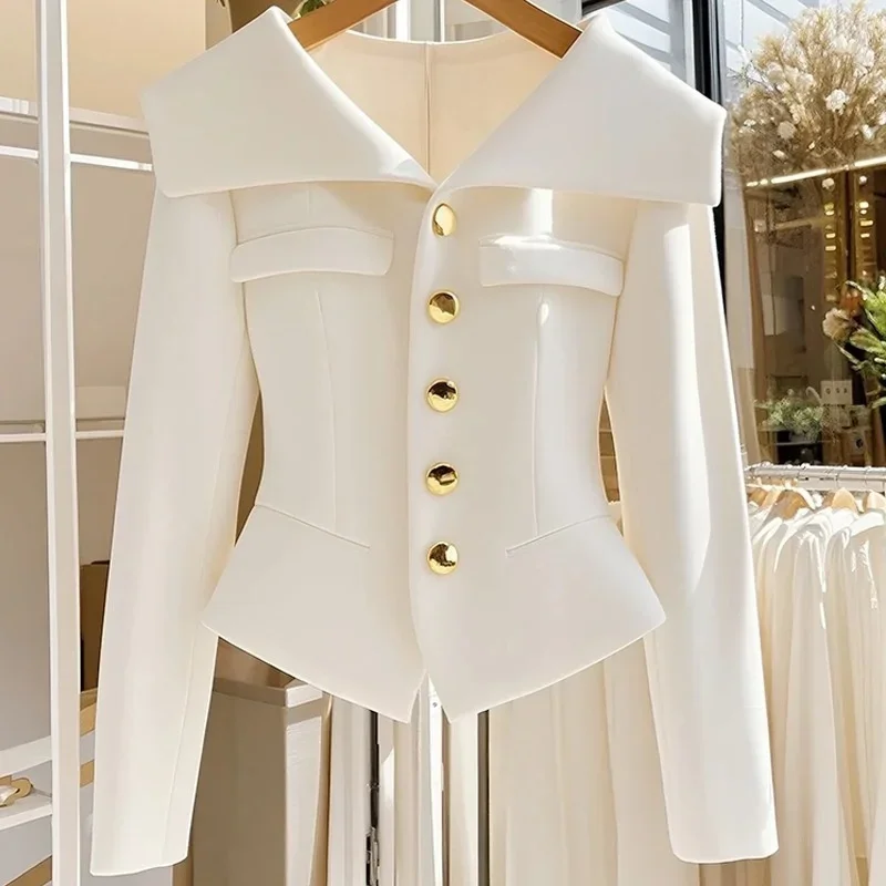 

New High Quality Autumn White Women's Coat Waist Long Sleeve Slim Chic Short Solid Color Top Clothing Office Jackets LadiesLIB