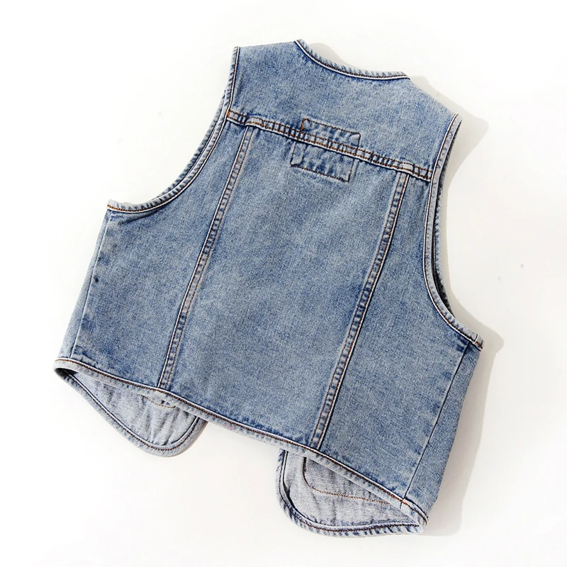 Summer New Korean Fashion Big Pocket Short Denim Vest Women Casual Washed Blue Waistcoat Sleeveless Jacket Jeans Vests Female