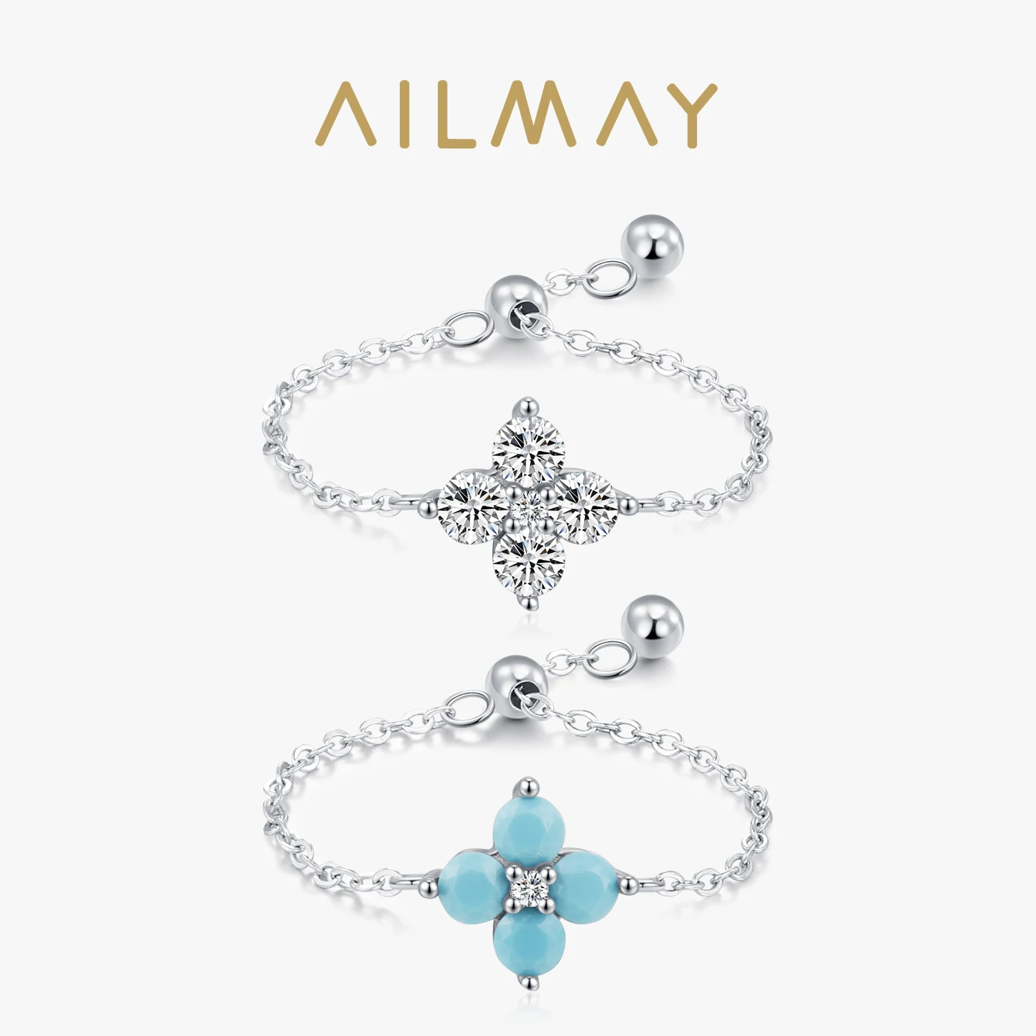 

Ailmay стерлингового серебра 925 пробы, цветной циркон, четырехлистный клевер, кольца Eternity Band, регулируемые кольца-цепочки для женщин, модные ювелирные изделия