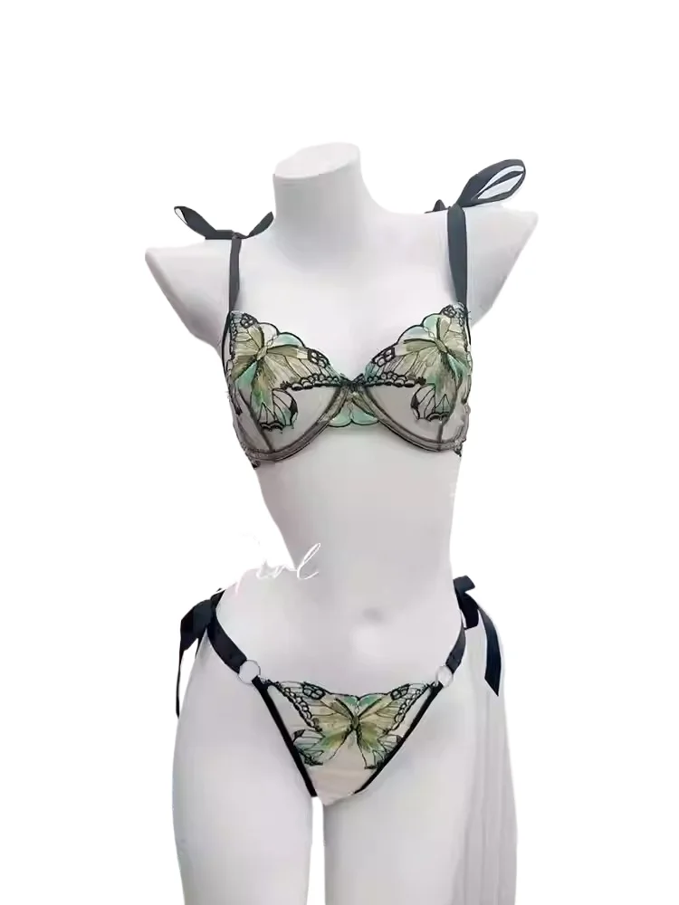 Top Hot Item 2026 Fashion Butterfly Lace Embroidery Sheer Bra Tie Side Thin Minimizer Sexy Transparent Ladies Matching Lingerie