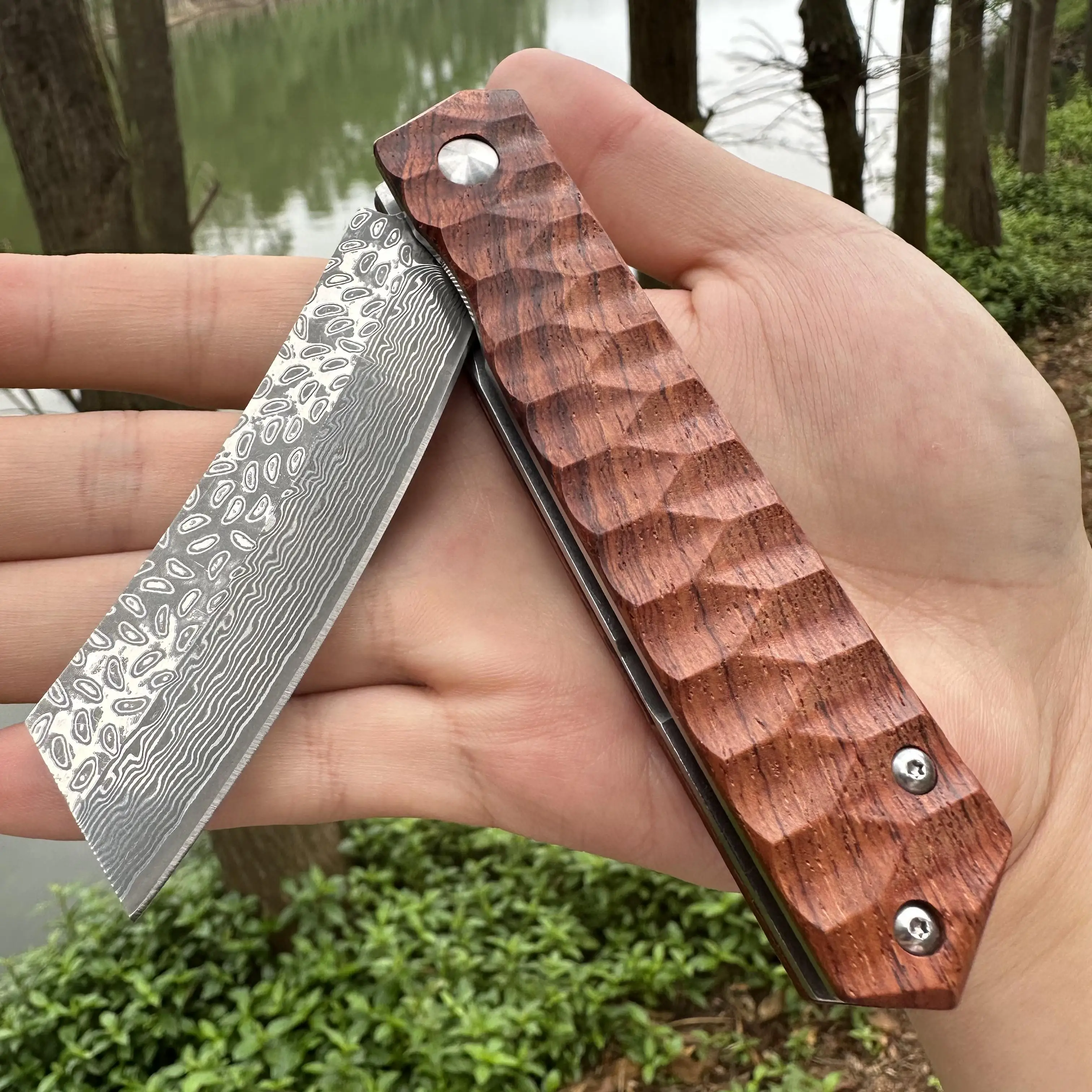 Steel Rose Handmade Nice Knife Folder Damascus Blade Rosewood Handle Smooth Ball Bearing Japanese Collection Knife EDC Outdoor