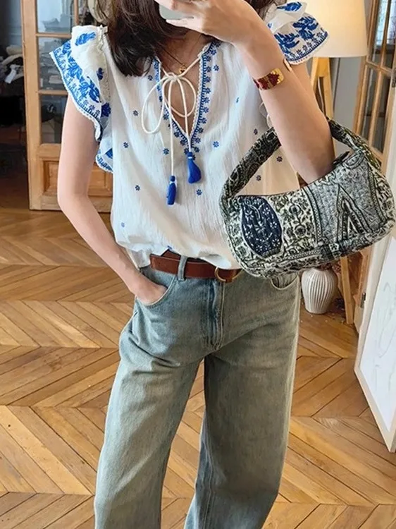 

Ele Cotton Embroidered Ethnic Sle irt with Tassel V-Ne ort Sve Women's Faion Summer 2025 French Sle Straig...