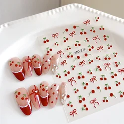 1 Piece of Kawaii Red Cherry Bow Nail Stickers 5D Cute Fruit Design Adhesive Decorative Stickers High Quality Nail Art Stickers