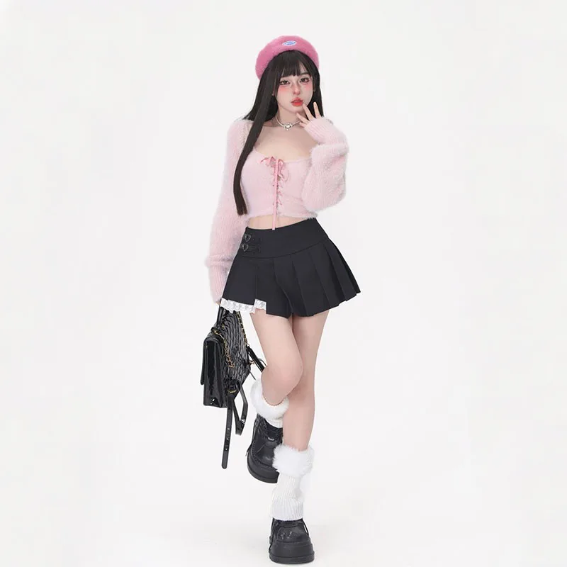 Knitted Pink Set for Women, Long Sleeve, Short Crop, Cardigan, Sleeveless Tank Top, Bandage Y2k Aesthetic T Shirts, Kawaii Fashi