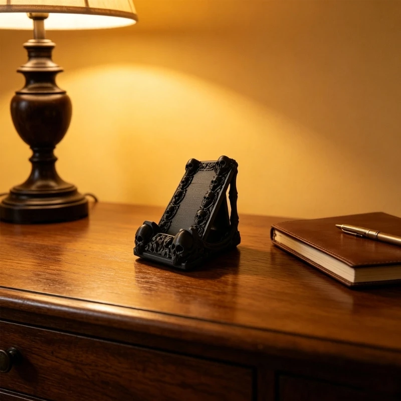  Cellphone Holder Gothic Skull Styles, Matte Black Desk Stand for Screen Viewing, Reading, and Themed Room Decors