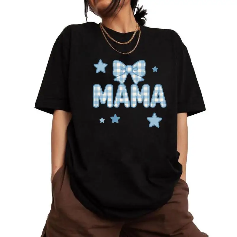 

Oversized Plaid Bow MAMA T-Shirt for Women, Cute Mama Life Graphic Tee, Aesthetic Casual Summer Top, Mother's Day Gift