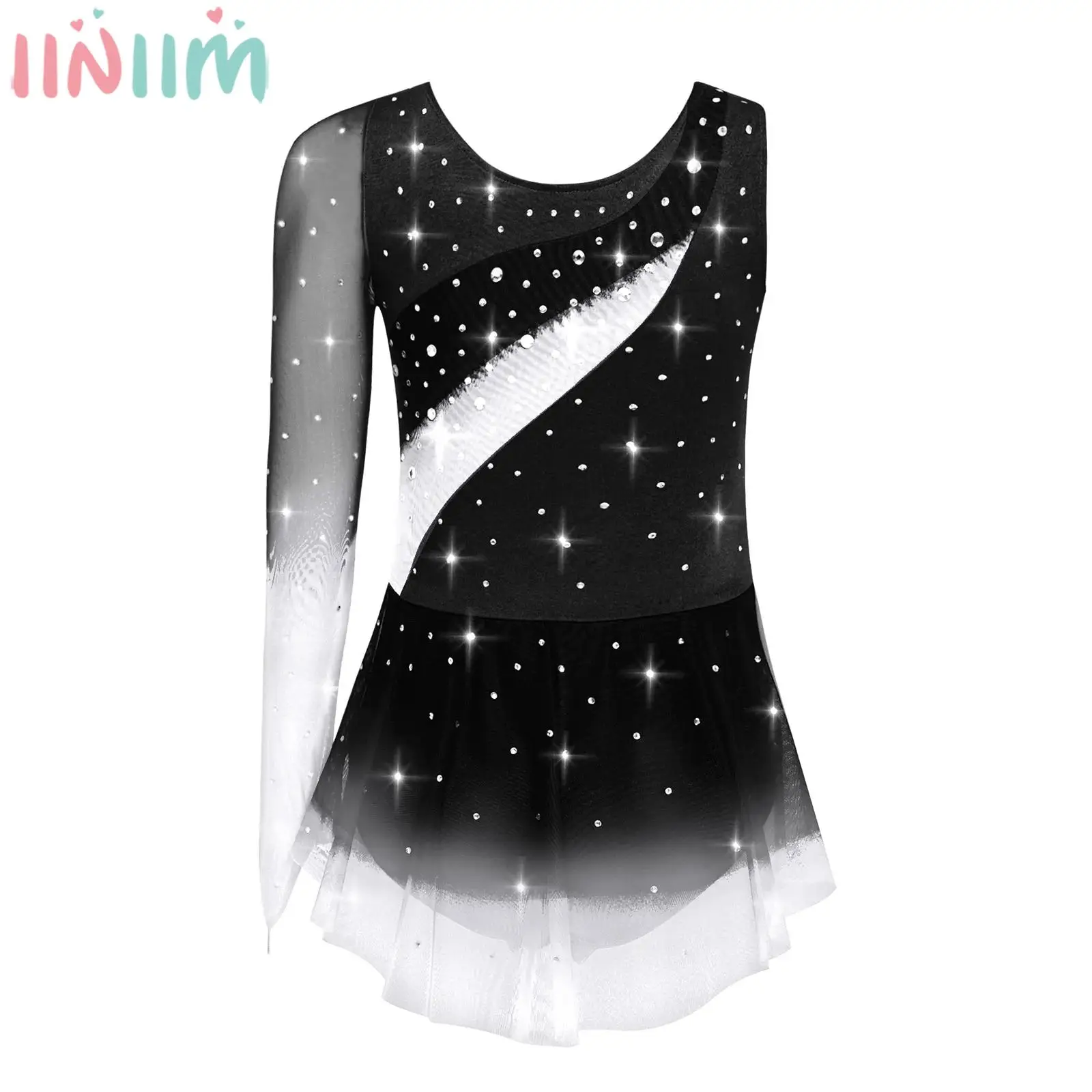 6-16Y Girls Figure Skating Lyrical Dance Dress Shiny Rhinestone Sheer Mesh Leotard Dresses for Gymnastics Acrobatics Ballet