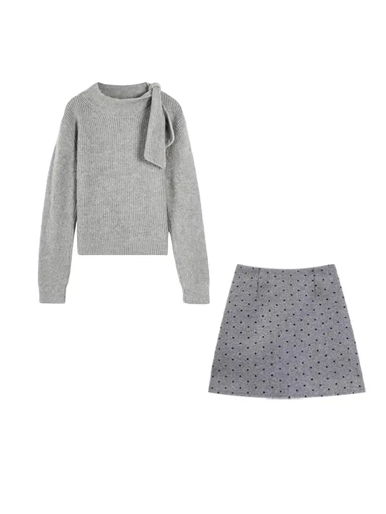 Dames nieuwe tweed stijl outfit jurk lente winter grijze binnenlaag set met polka dot minirok mode