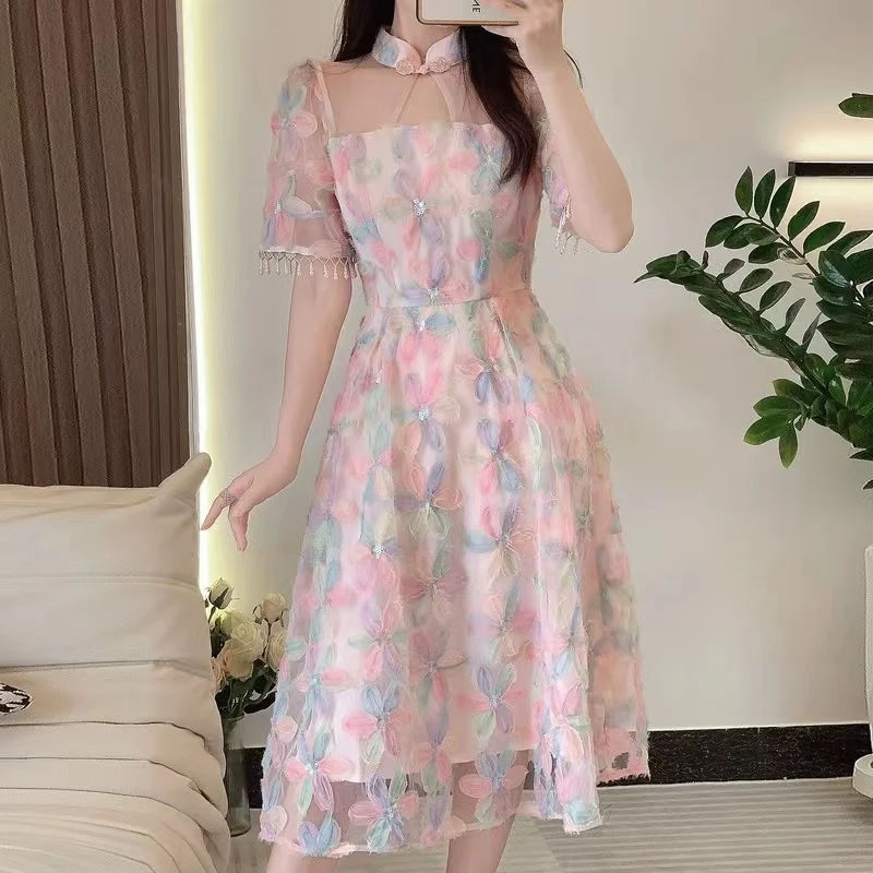 Elegant Sweet Spring Pink Mesh Party Long Dress Women Ruffled Collar Embroidery Flowers Beaded Tassel Short Sleeve Party Clothes