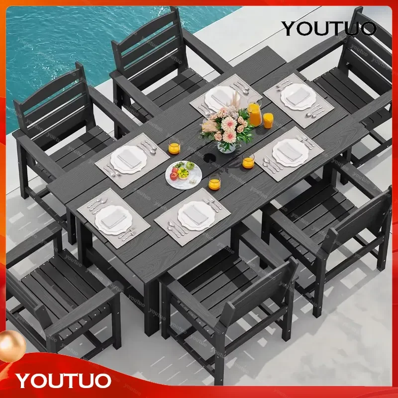 Modern 7 Piece Outdoor Dining Table Set All Weather Waterproof HDPE Foldable for Courtyard Villa Park Hotel Restaurant