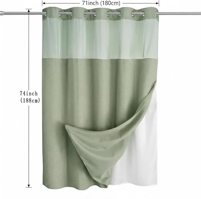 2-in-1 No Hooks Shower Curtain Set, Dotted Waffle Weave Fabric with Snap-in Liner, 71W X 74H, Hotel Spa Bathroom Curtain