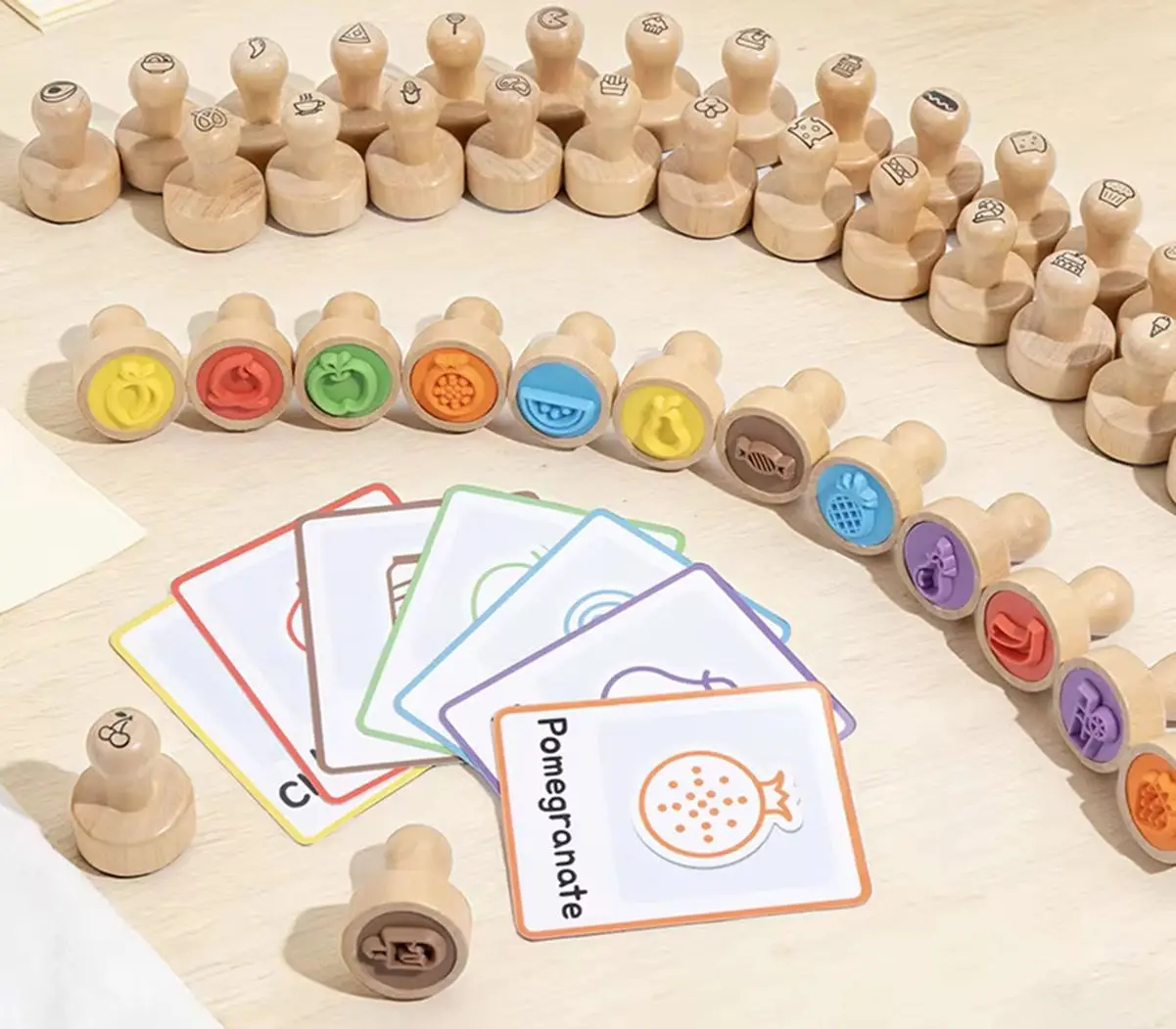 Wooden Stamp Set with Flash Cards, Montessori Educational Toy, Food Shape Recognition & Early Learning Kit for Toddlers