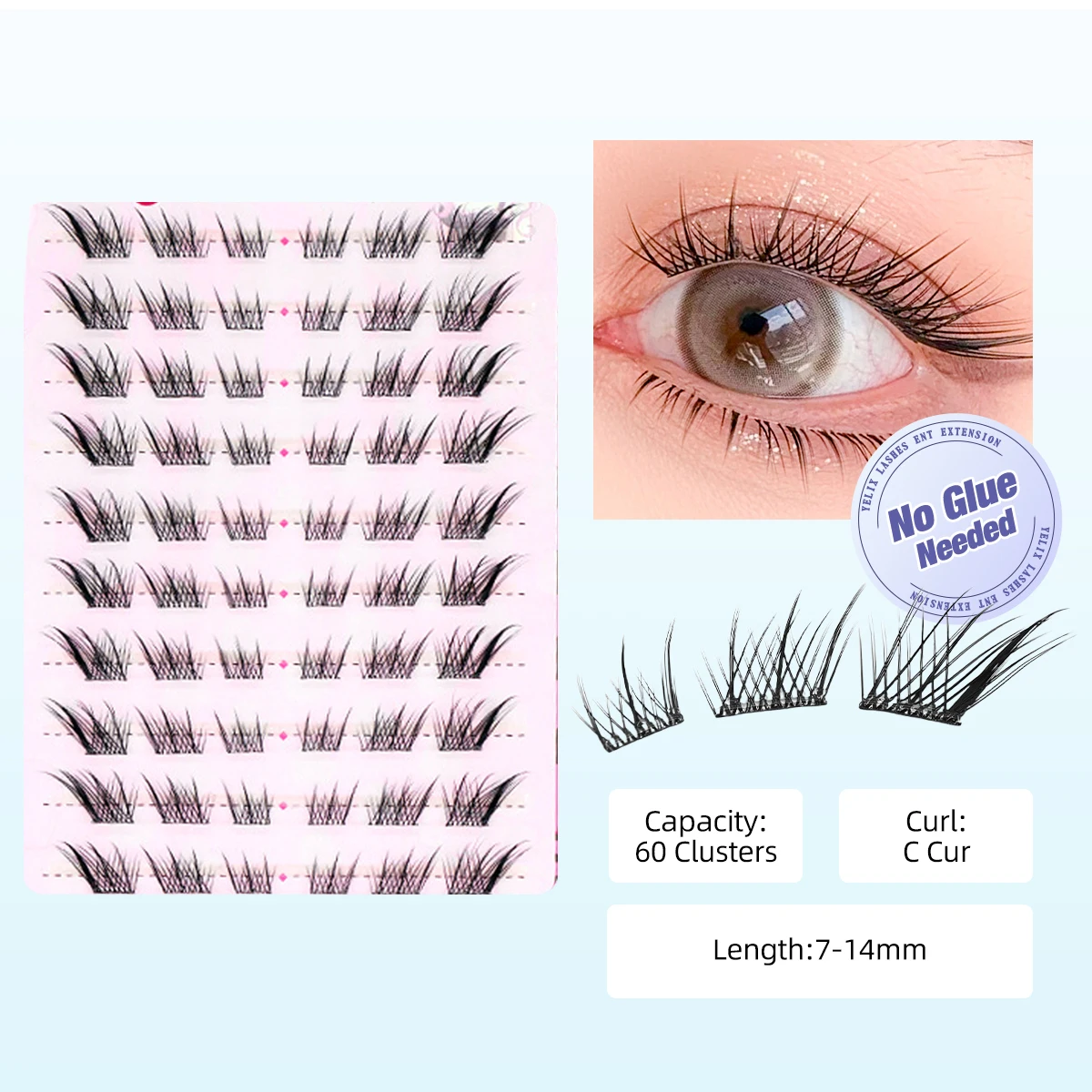자동 접착형 속눈썹 클러스터 접착제 필요 없음 개별 속눈썹 재사용 가능 부드러운 속눈썹 연장 제품 (여성용)