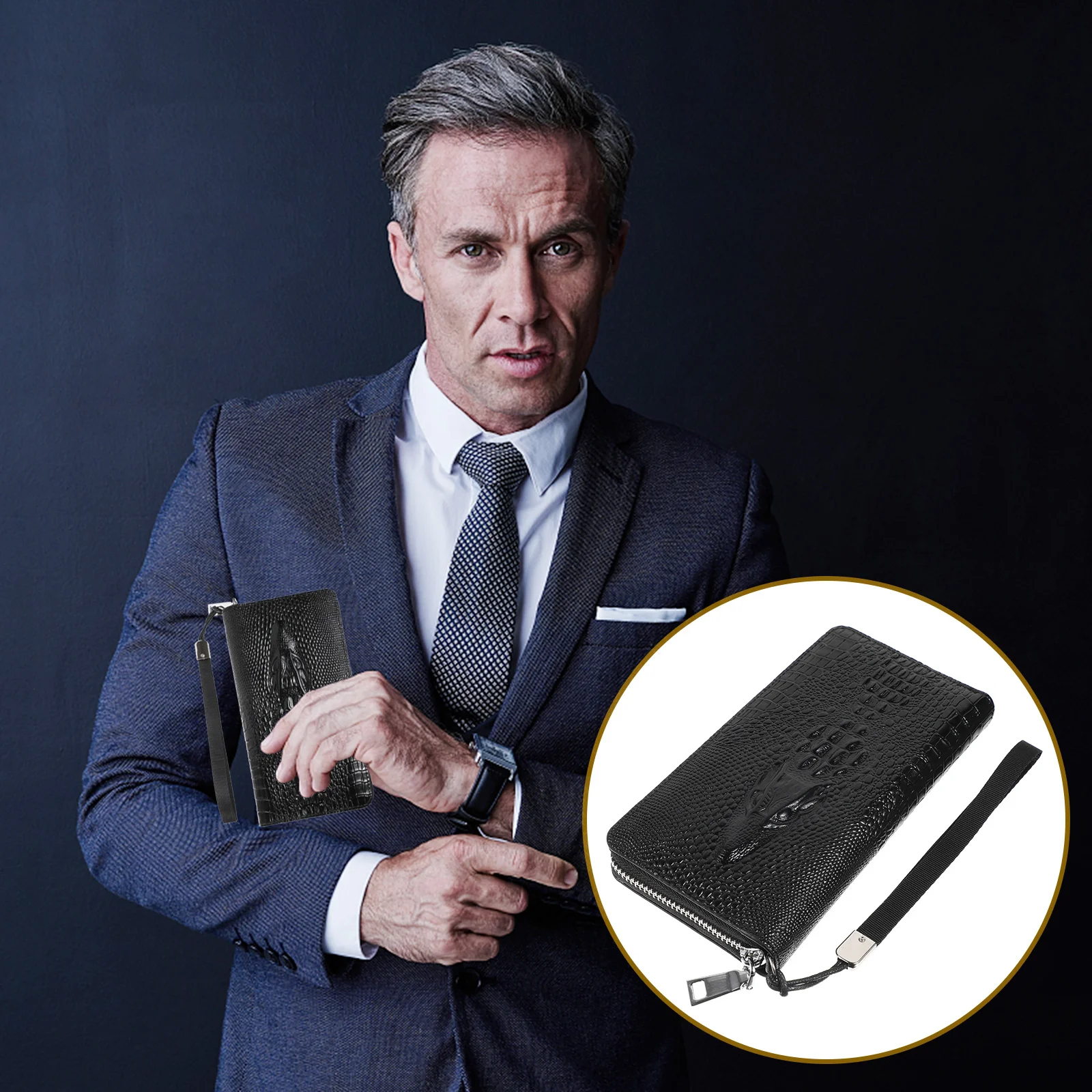 

Male Wallet Alligator Print Durable PU Long Zipper Wallet Large Capacity Cards Phone Headphones Organizer Fashion