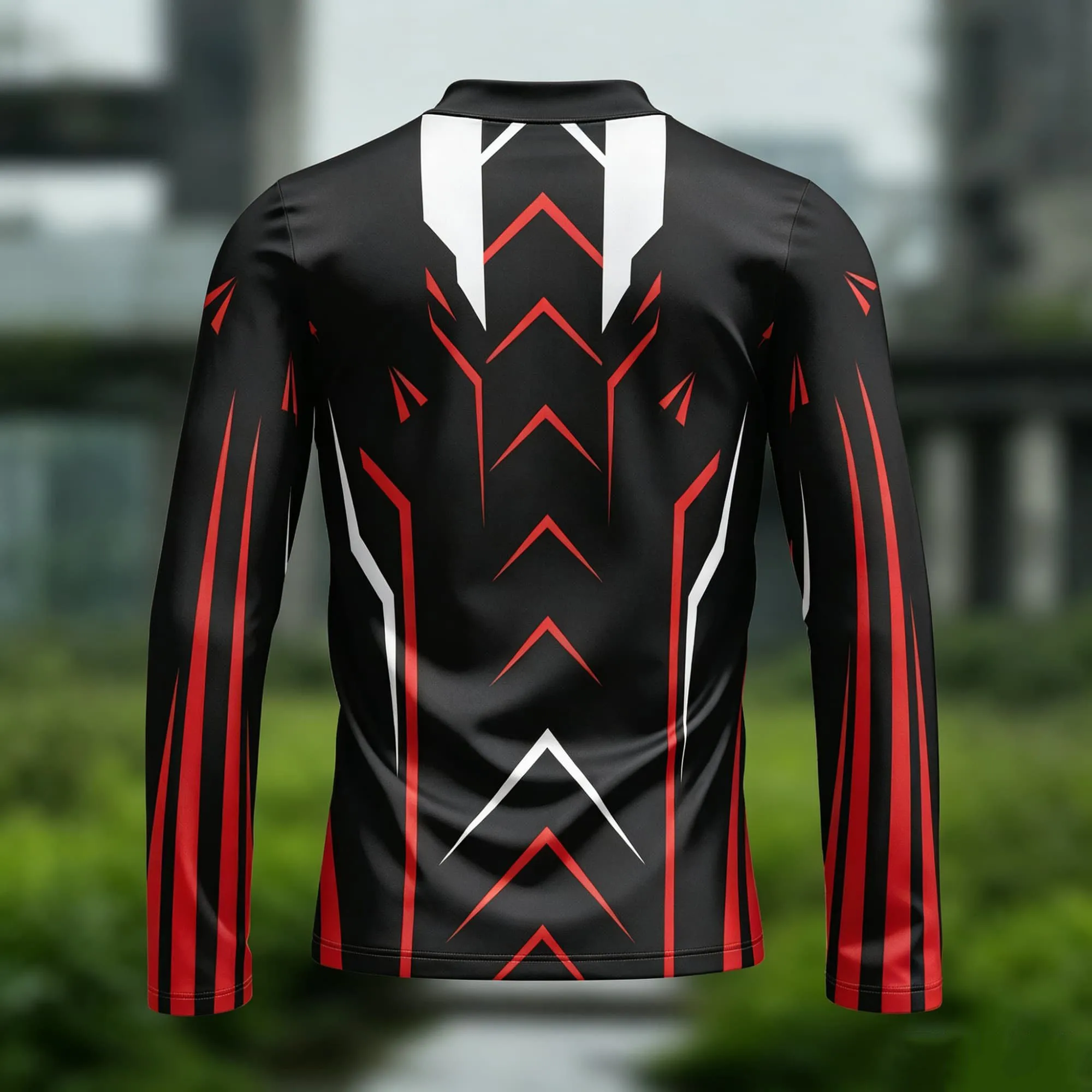 Cyber‑Sport Aesthetic Men’s Mock‑Neck Pullover Arrow Line Print Black Red White Contrast Long‑Sleeve Fashion Shirt