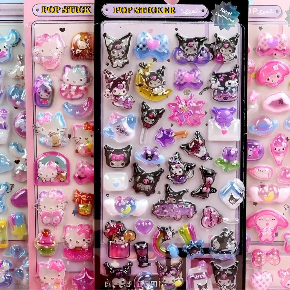 Pegatinas Luminosas 3D de Sanrio, Adhesivos Kawaii con Relieve de Kuromi, Cinnamoroll y My Melody, Calcomanías de Cristal para Niñas, Paquetes de Pegatinas Decorativas