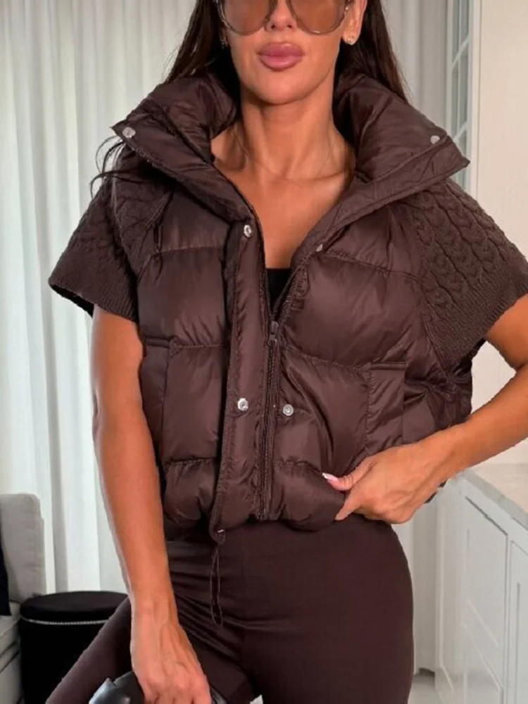 Damen Gestrickte Patchwork-Weste mit Stehkragen, Ärmellos, Reißverschluss, Kurz Geschnitten, Locker Sitzend, für Layering, Oberbekleidung 2026, Warme Winterjacke für Damen – Detail 15