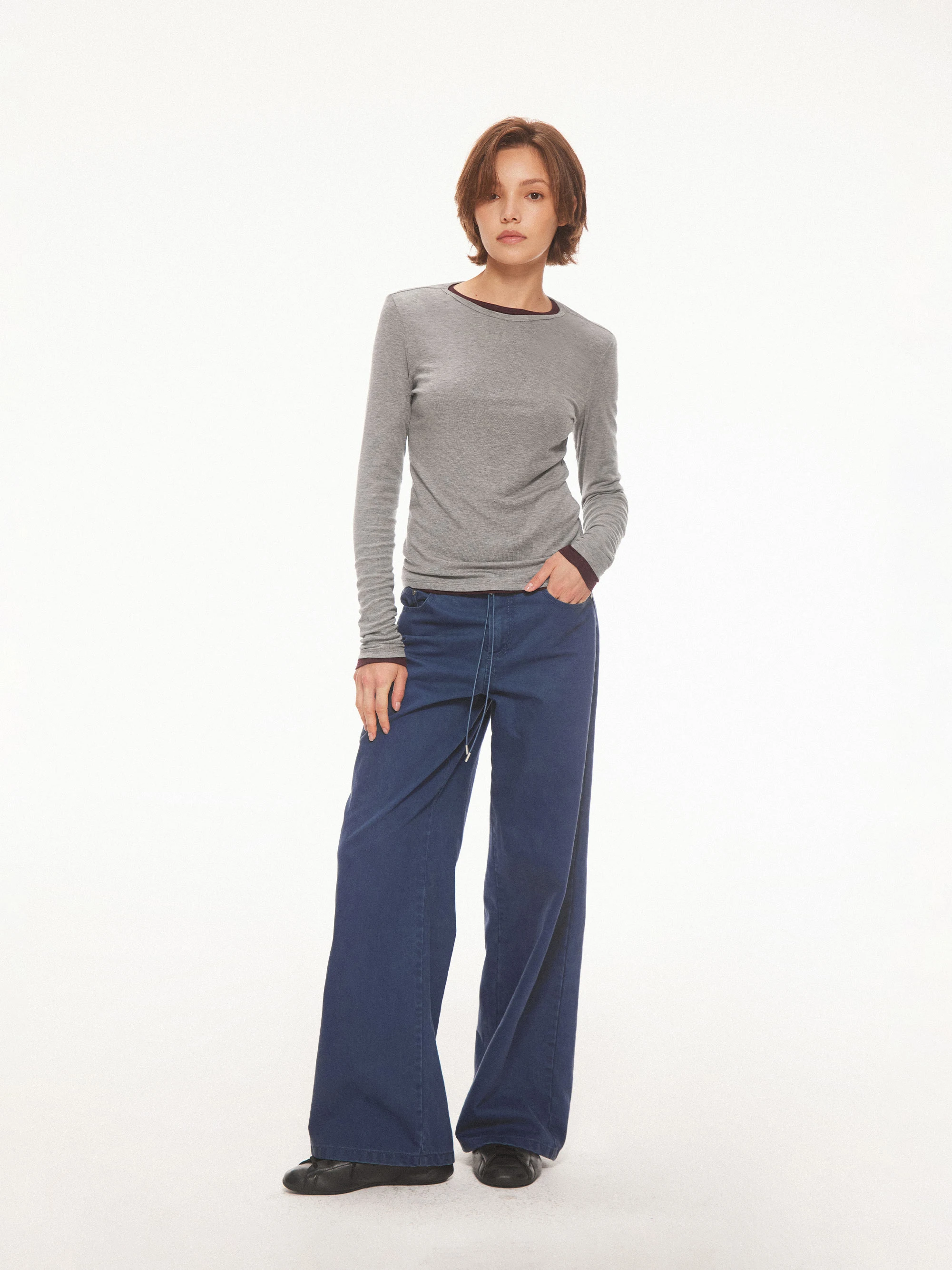 AHNKANK Autumn New Style Women's Slim Fit Long Sleeve Knitted T-Shirt round Neck Wool Blend Casual Wear Single Piece Top