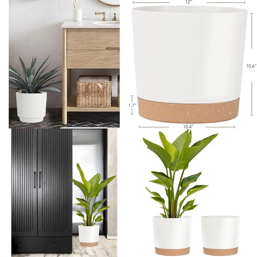 

Set of 2 Large 12 Inch White Plastic Plant Pots with Drainage for Indoor and Outdoor Use