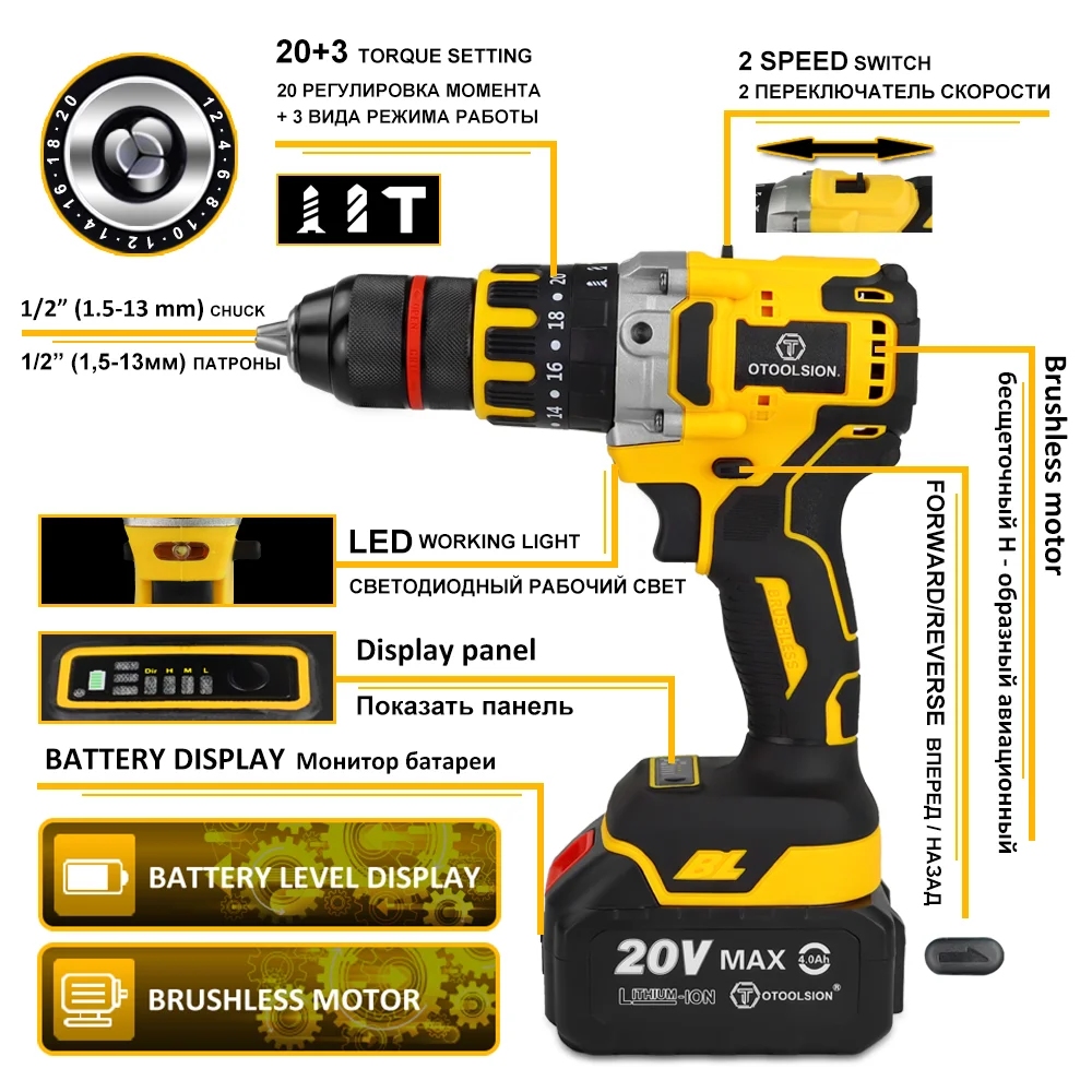 Brushless Electric Drill Cordless Screwdriver 13MM Chuck Impact Drill Wireless With Li-ion Battery Power Tool for Ice Fishing