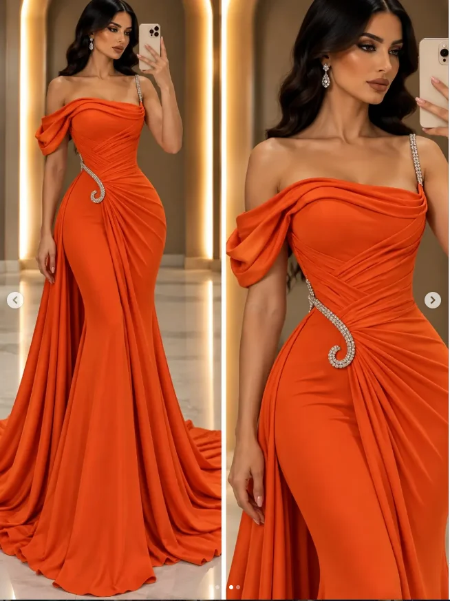 Graceful Orange Mermaid Generous Women's Evening Dresses Sleeveless Customized Formal Party Beaded Prom Gowns