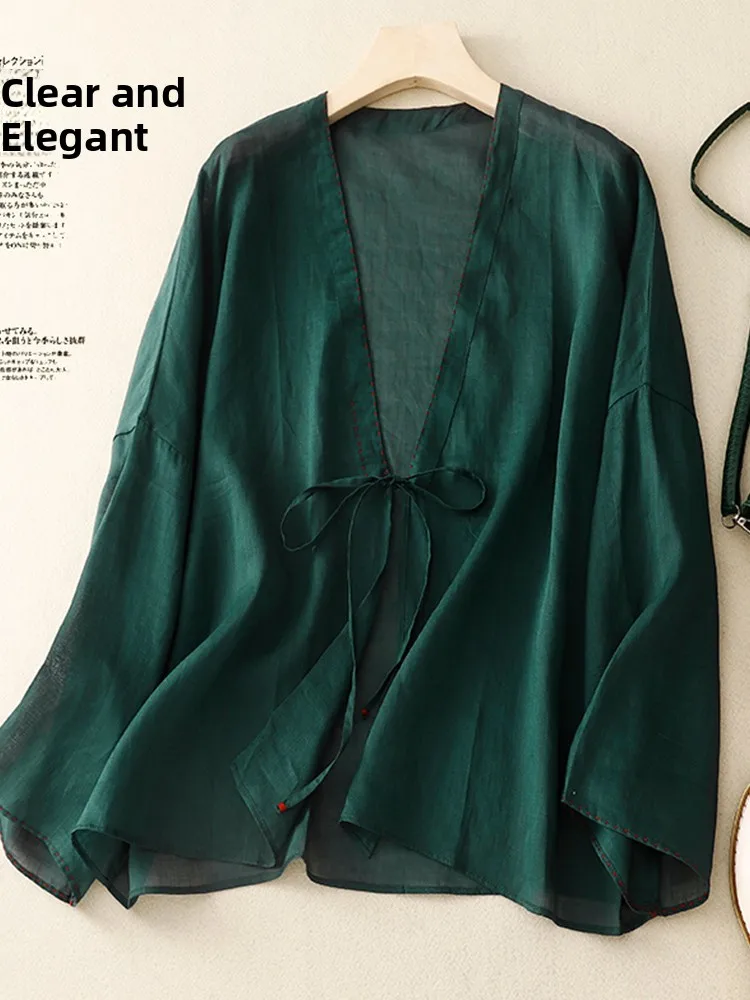 

Lightweight Sun Protection irt Vintage Embroidered Tead Belt V-ne Cotton Linen Women's Top Thin Retro Sle Long Sve