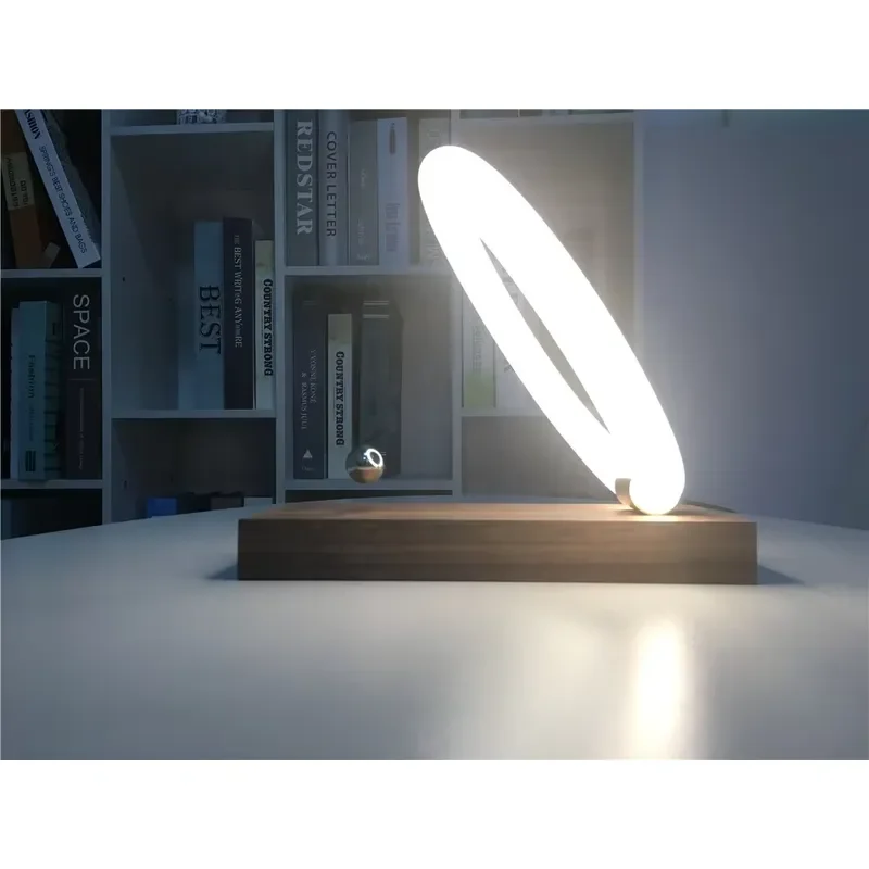 Levitating Ring Light Floating Display Stand Natural Wood Base Sci Fi Decor Unique Gift for Men Women Home Office Desk