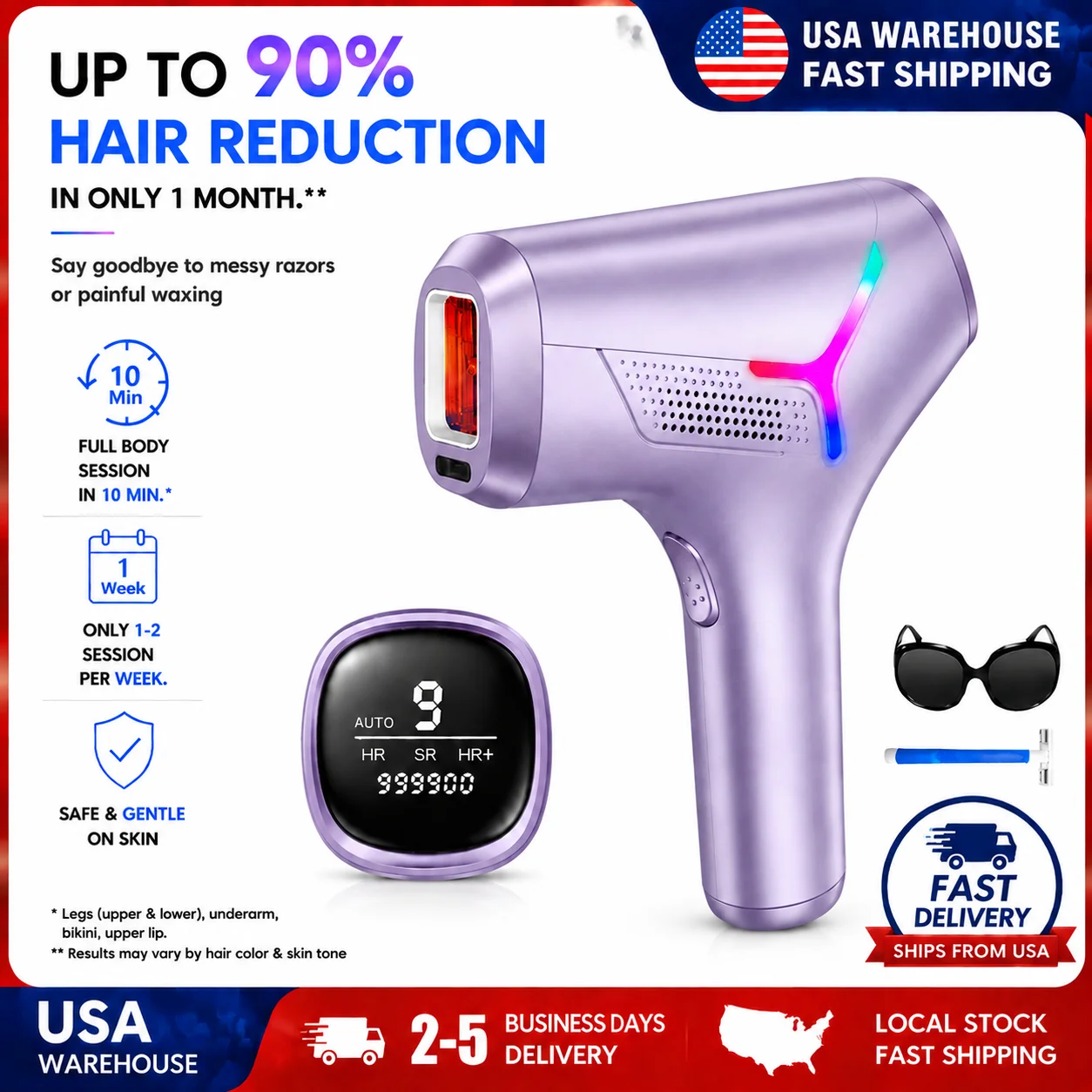 IPL Hair Removal Device Permanent Hair Reduction for Women and Men, At-Home Hair Reduction System with 999,900 Flashes, 9 Adjustable Levels, Painless IPL Technology for Face, Legs, Arms, Bikini & Body