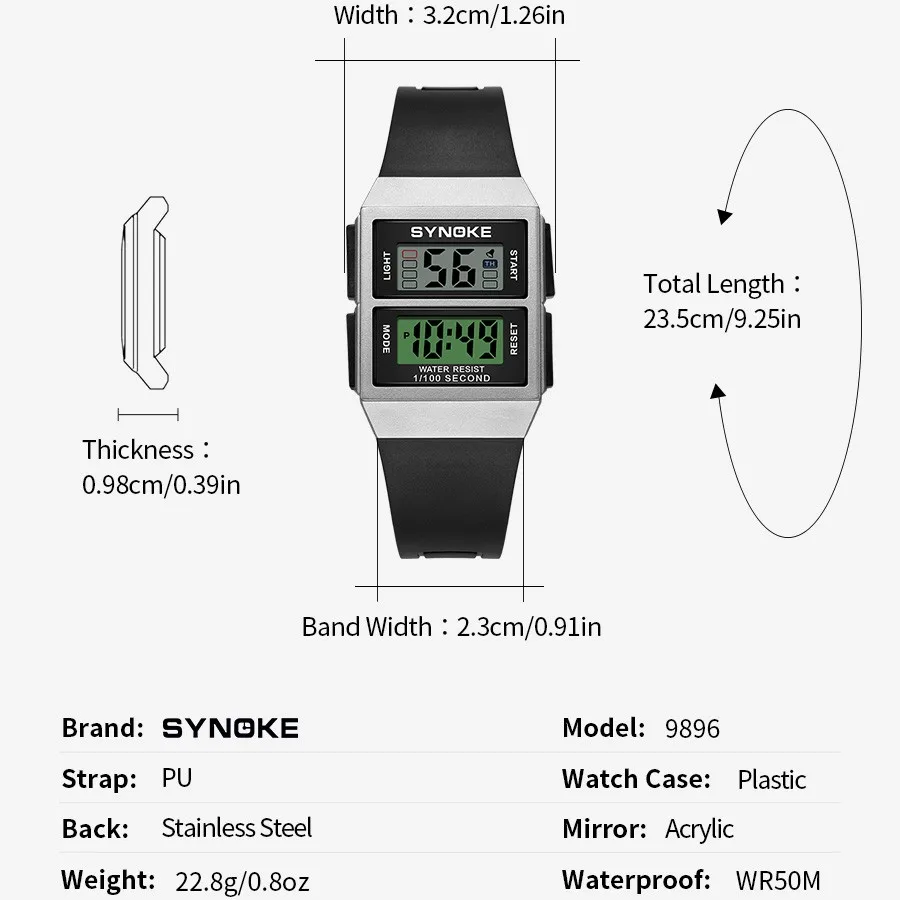 SYNOKE Student Rectangular Sports Electronic Watch Waterproof 50M Night Light Lightweight Design Alarm Clock Trend Retro Style