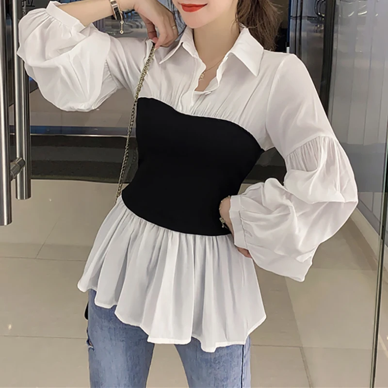 Women\'s Long Sleeve Top Shirt & Blouses Autumn New Office Lady Elegant Lapel Lantern Sleeve Patchwork Pleated Elastic All-match