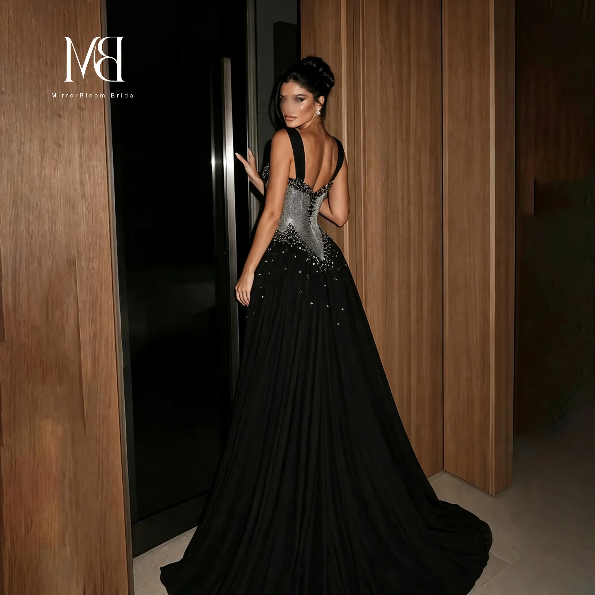 MB Black Evening Dress Sweetheart Neck Beaded Corset Pleated A Line Floor Length Formal Party Gown Women Prom Dress Customized image 4