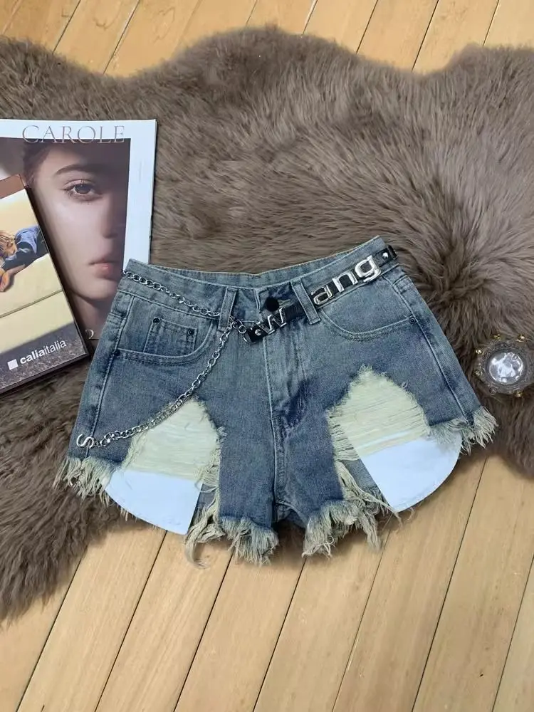 Spice Girl Denim Shorts Women Summer High Waist Retro Irregular Holes Fringed Hot Pants view 2
