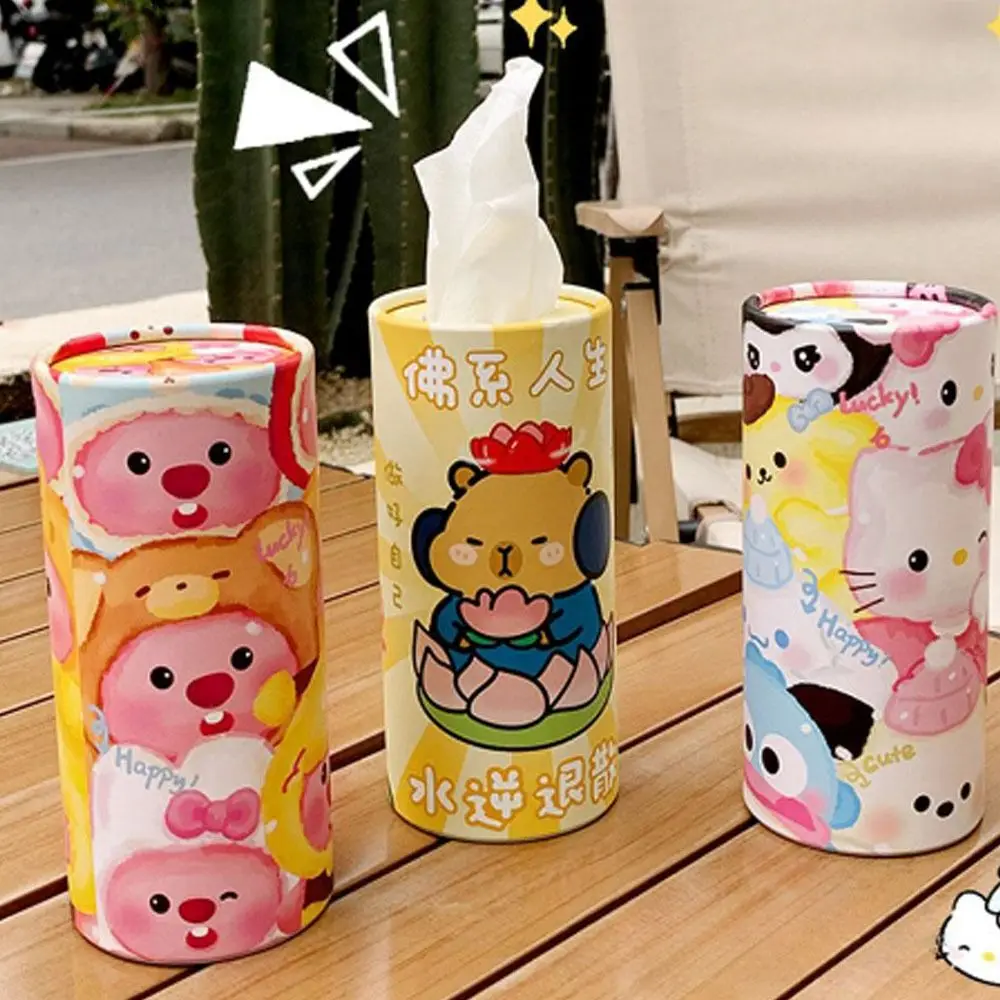 Ins Cylinder Tissues Cup Holder Car Tissue Holder Cup Holder Cartoon Round Tissue Box Kawaii Cute Car Tissues Container Home